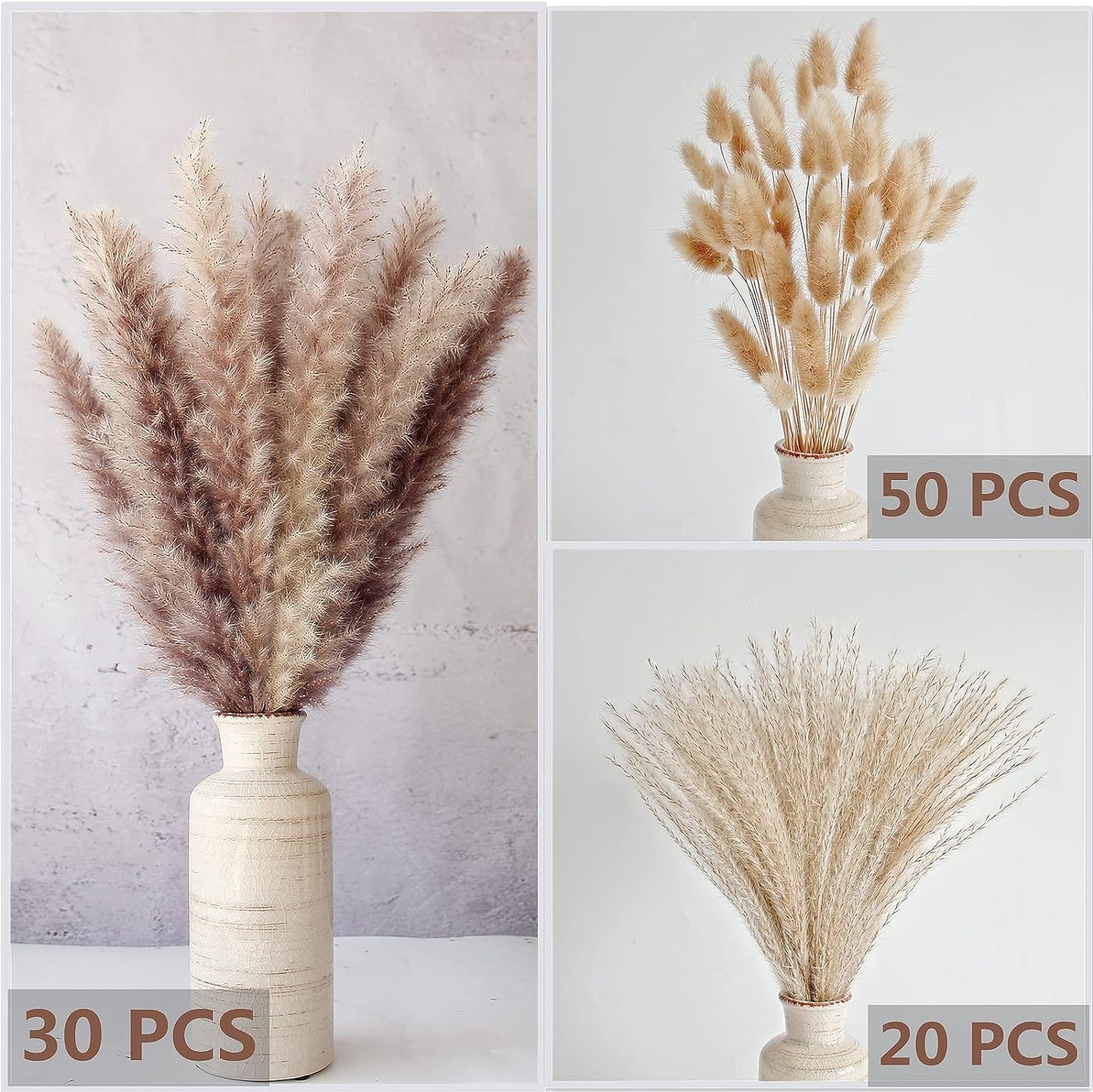 65PCS Pampas Grass Decor, Including pompas Floral, Reed Dried Grass and Bunny Tails Dried Flowers, Natural Dried Pampas Grass Bouquet for Boho Decor Wedding, Home Decoration