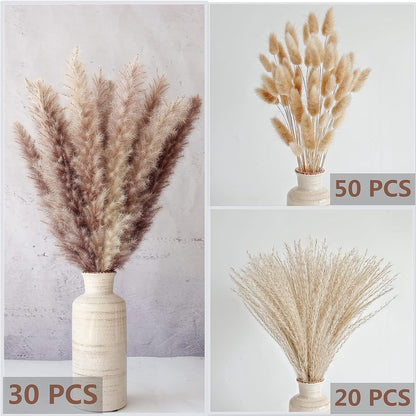 65PCS Pampas Grass Decor, Including pompas Floral, Reed Dried Grass and Bunny Tails Dried Flowers, Natural Dried Pampas Grass Bouquet for Boho Decor Wedding, Home Decoration