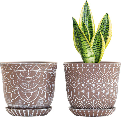 Gepege 6 Inch Beaded Ceramic Planter Set of 2 with Drainage Hole and Saucer for Plants, Indoor-Outdoor Large Round Succulent Orchid Flower Pot (Smoked Gray, Inner-pots not Larger Than 5 Inch)