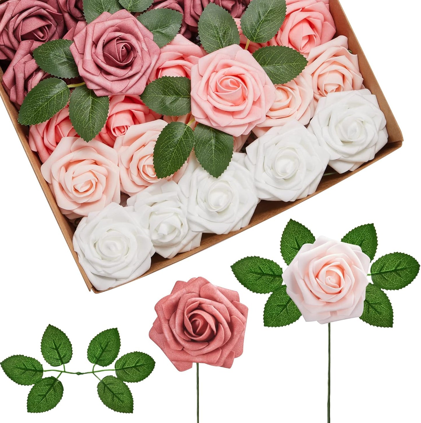 InnoGear Artificial Flowers, 50 Pcs Dark Red Foam Fake Roses Bulk with Stems for Mother's Gift Decoration Celebration DIY Wedding Bouquets Centerpieces Bridal Shower Party Christmas Tree