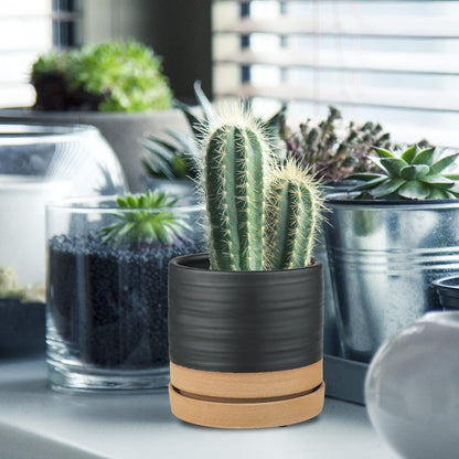 HERDUK 6 Inch Plant Pots, Ceramic Planter Pot with Drainage Hole & Saucer, Indoor/Outdoor Cylinder Round Planter Pot, Green & Beige