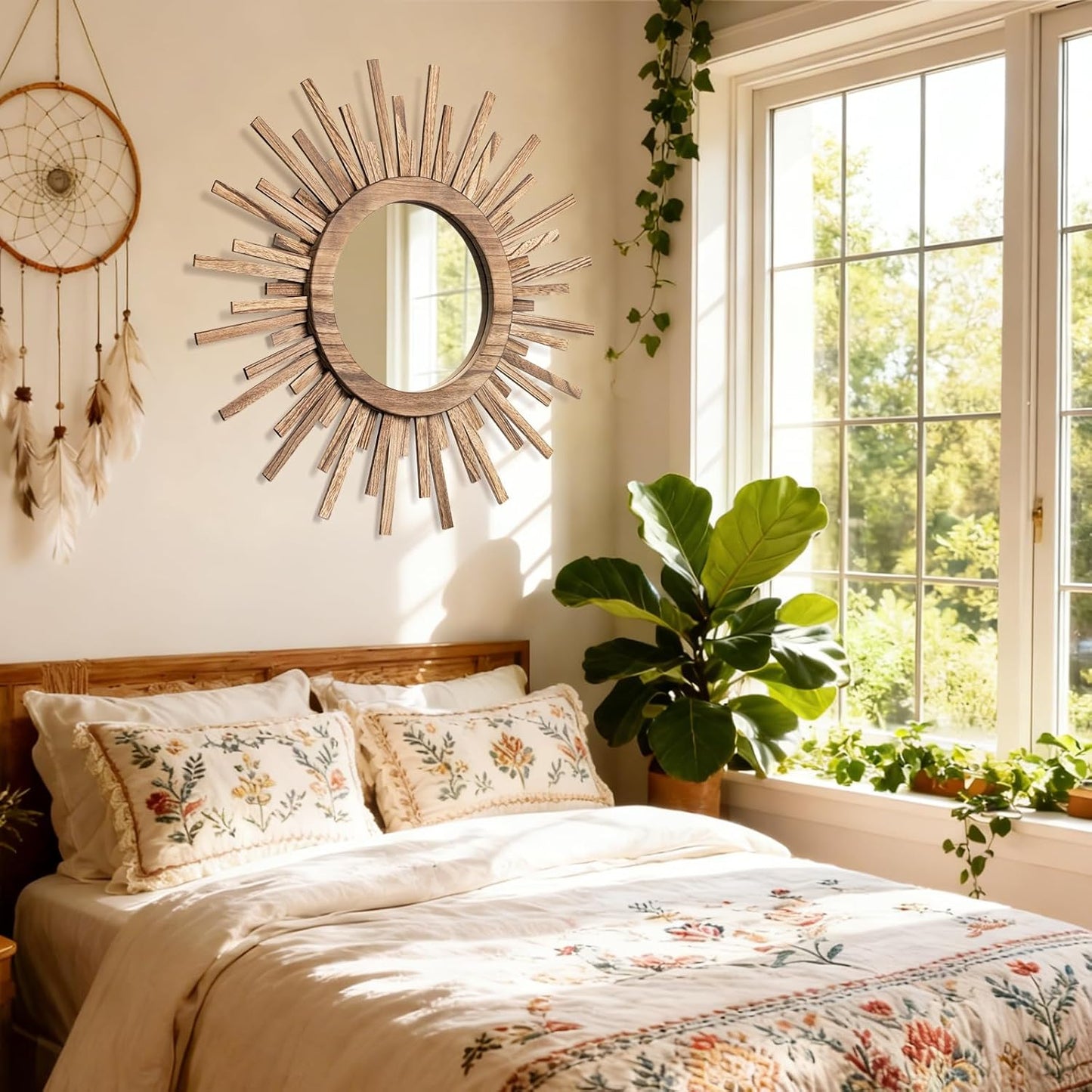 24 Inch Boho Sunburst Mirror, Round Wooden Wall Decor Starburst Sun Mirror for Bedroom, Living Room, Bathroom, Hallway, Balcony, Farmhouse Entryway, Housewarming Gift