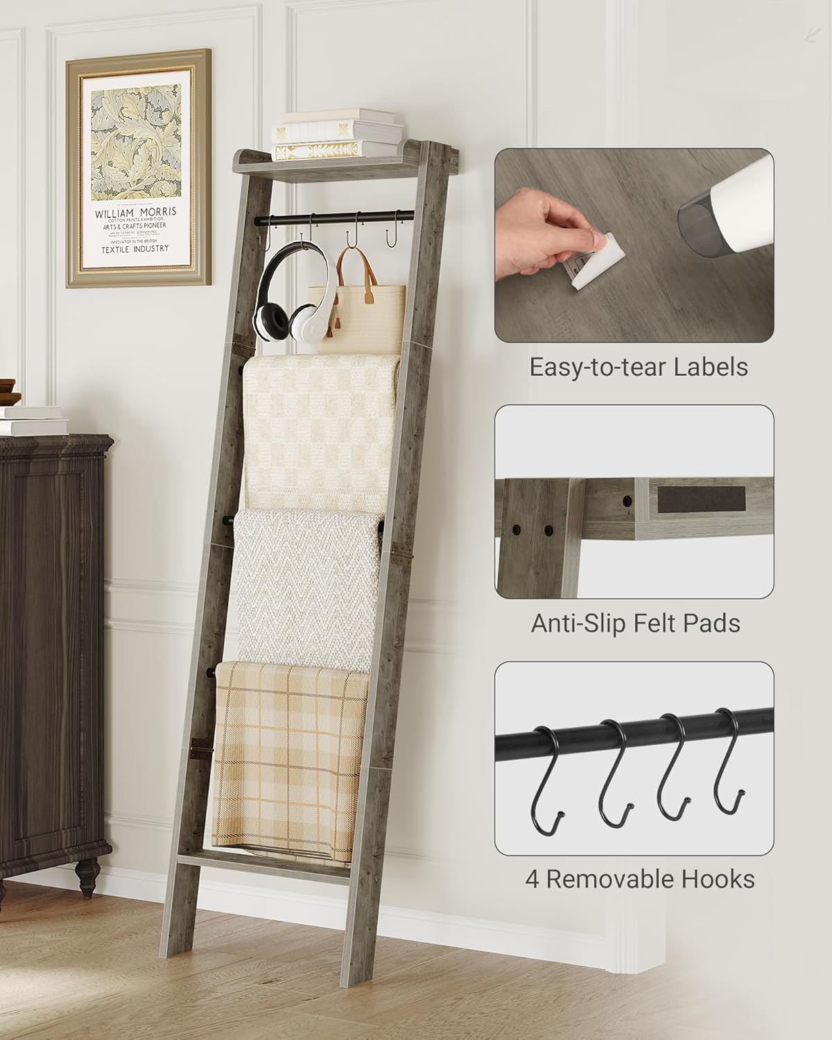 Hzuaneri Blanket Ladder Shelf, Decorative Quilt Rack, 6-Tier Farmhouse Ladder Holder Organizer with 4 Removable Hooks 7.9" D x 17.3" W x 63.4" H, Rustic Brown BR35801B