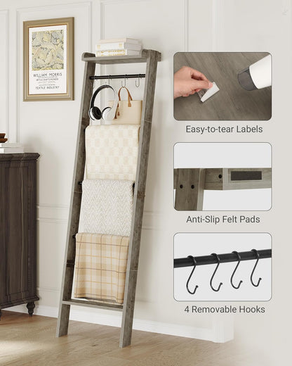 Hzuaneri Blanket Ladder Shelf, Decorative Quilt Rack, 6-Tier Farmhouse Ladder Holder Organizer with 4 Removable Hooks 7.9" D x 17.3" W x 63.4" H, Rustic Brown BR35801B