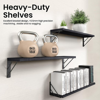 BAYKA Wall Mounted Floating Shelves, Wood Floating Wall Shelf for Books & Decor, Small Space-Saving Display & Organizer（Black，Set of 3）