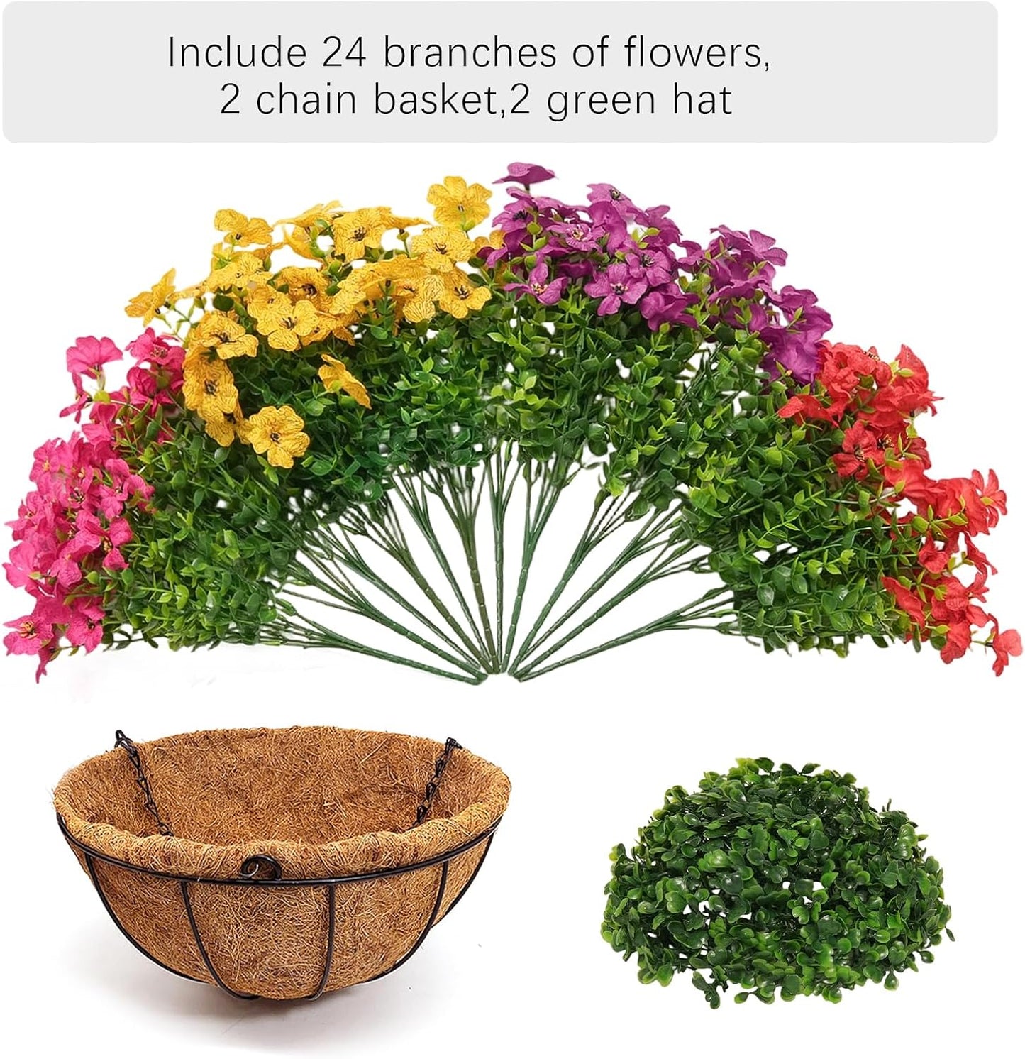 2 Set Artificial Hanging Flowers with Basket for Outdoor Spring Summer Decor, 2 Hanging Planters with 24 Pcs Silk Daisy Flowers for Garden Porch Patio Balcony Decoration