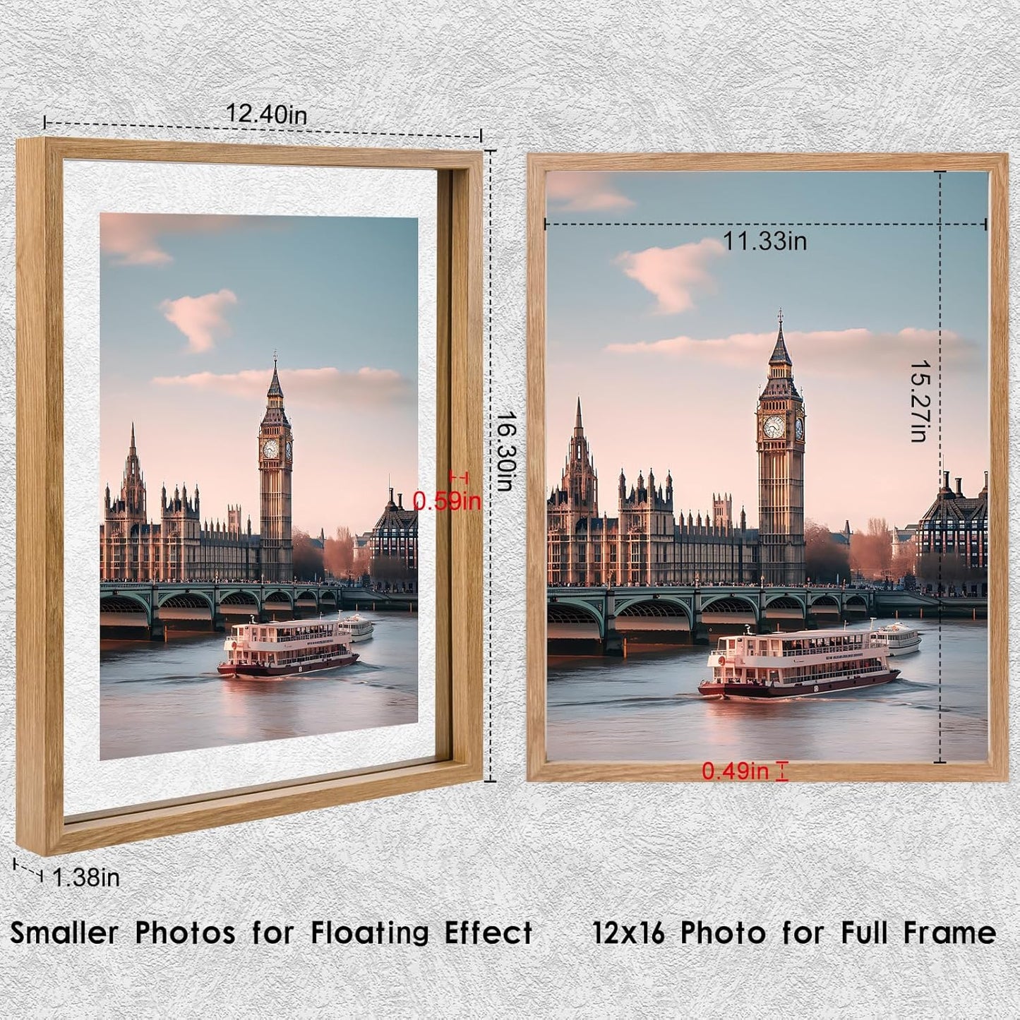 MUYE 11x14 Floating Frame Set of 2,Double Glass Rustic Frame,Display Any Size Photo up to 11x14,Wall Mount or Tabletop Standing,Natural