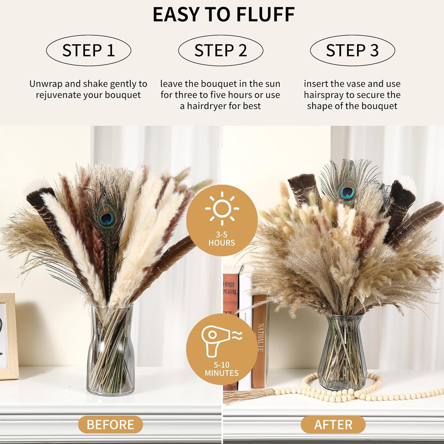 Bpole Dried Pampas Grass Bouquet - 92 Pcs 11-13 inch Pampas Grass Decor with Bunny Tails,Eucalyptus & Lavender Dried Boho Flowers for Vase Wedding Home Table Decor,Rustic Farmhouse Party