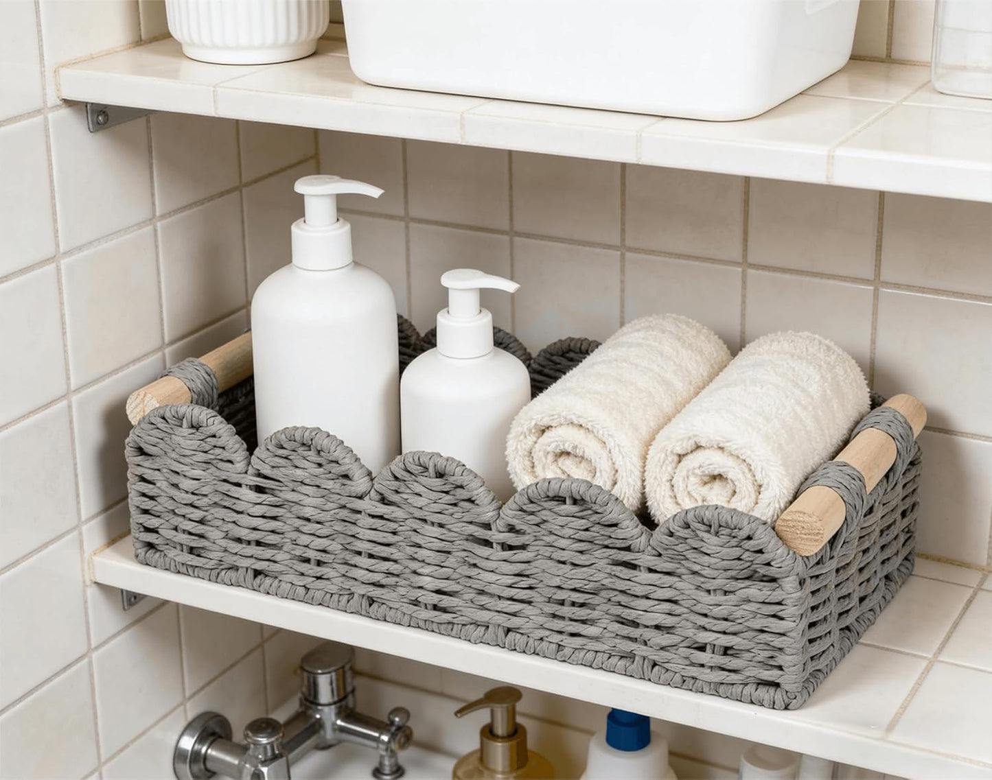 CubesLand Paper Rope Scalloped Edge Toilet Paper Storage Basket, Small Living Room, Bedroom Decor Baskets for Over Toilet Storage Shelf, End Table, Shelves and More, with 2 Wooden Handle, Neutral