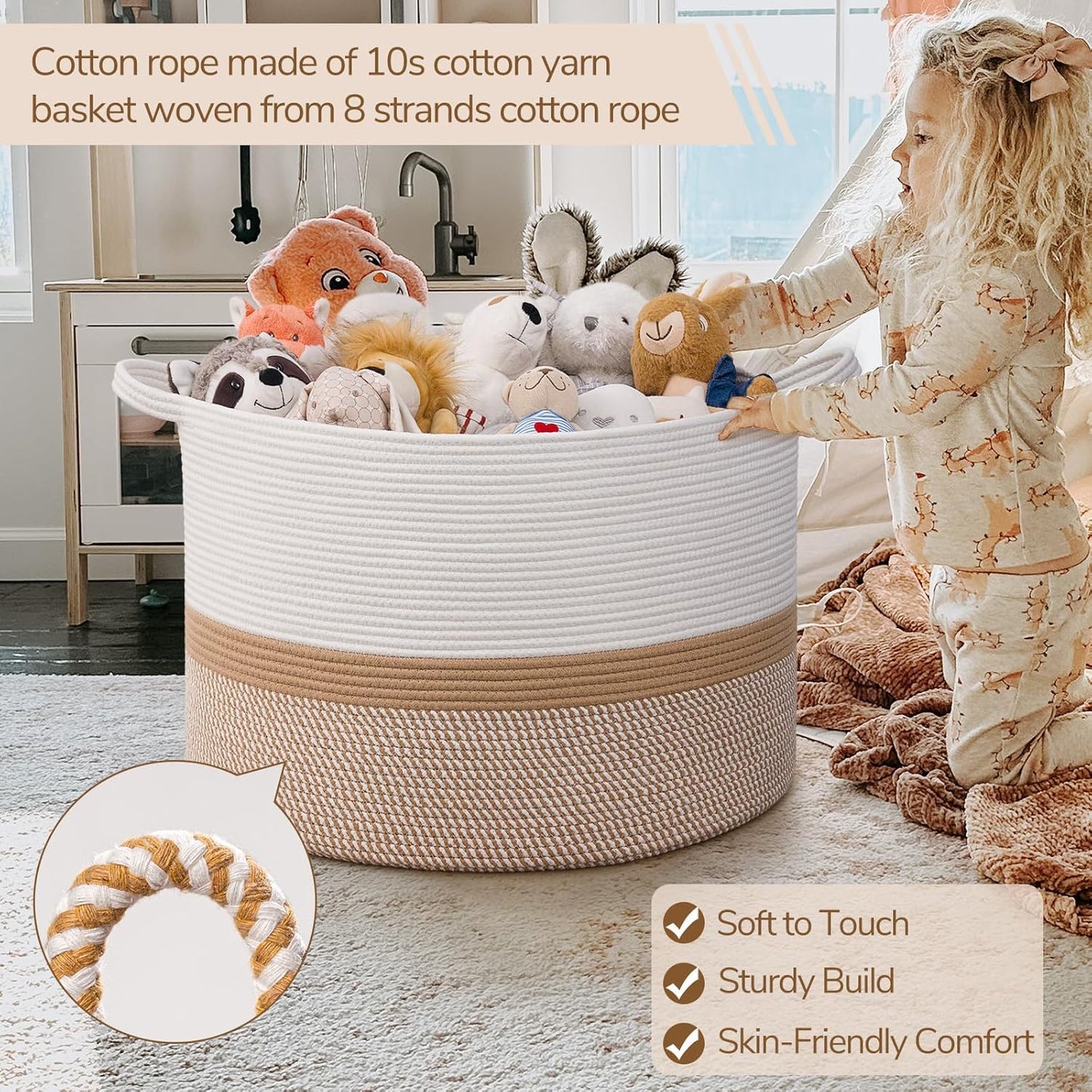 INDRESSME XXXLarge Blanket Basket for Living Room 21.7" x 21.7" x 13.8"-Storage Basket with Handle for Organizing Toy Pillows Woven Cotton Rope Laundry Basket Stuffed Animal Toy Storage for Play Room
