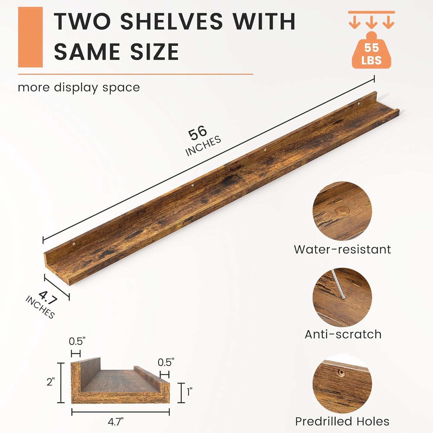FLYJOE Picture Ledge Shelf, Floating Shelves Set of 2, 48 Inches Long Large Nursery Book Shelves for Toys Storage, Kids Bookshelf Wall Mounted for Living Room Bedroom Decor Books Photo Frames, Walnut