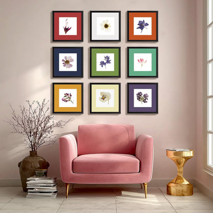 eletecpro 12x12 Picture Frames Set of 9 with Clear Acrylic Cover, Display 8x8 Photos with Mat or 12x12 Without, Classic and Sturdy Square Collage Gallery Wall Decor, Easy Wall Mount, Black