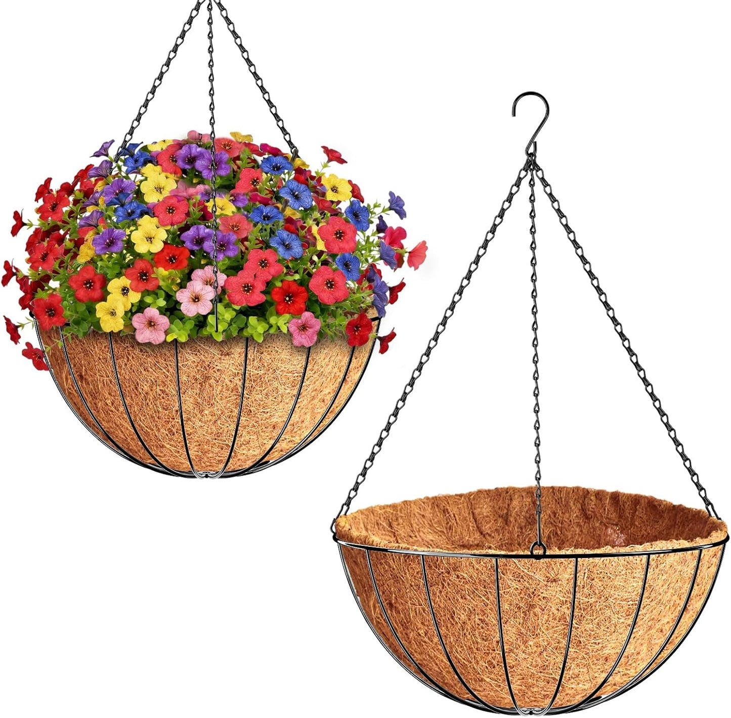 ZeeDix 2 Pack 14 Inch Hanging Baskets for Plants Outdoor, Metal Wire Round Planters with Coco Liner, Hanging Flower Baskets for Home Garden Porch Balcony Railings Decor