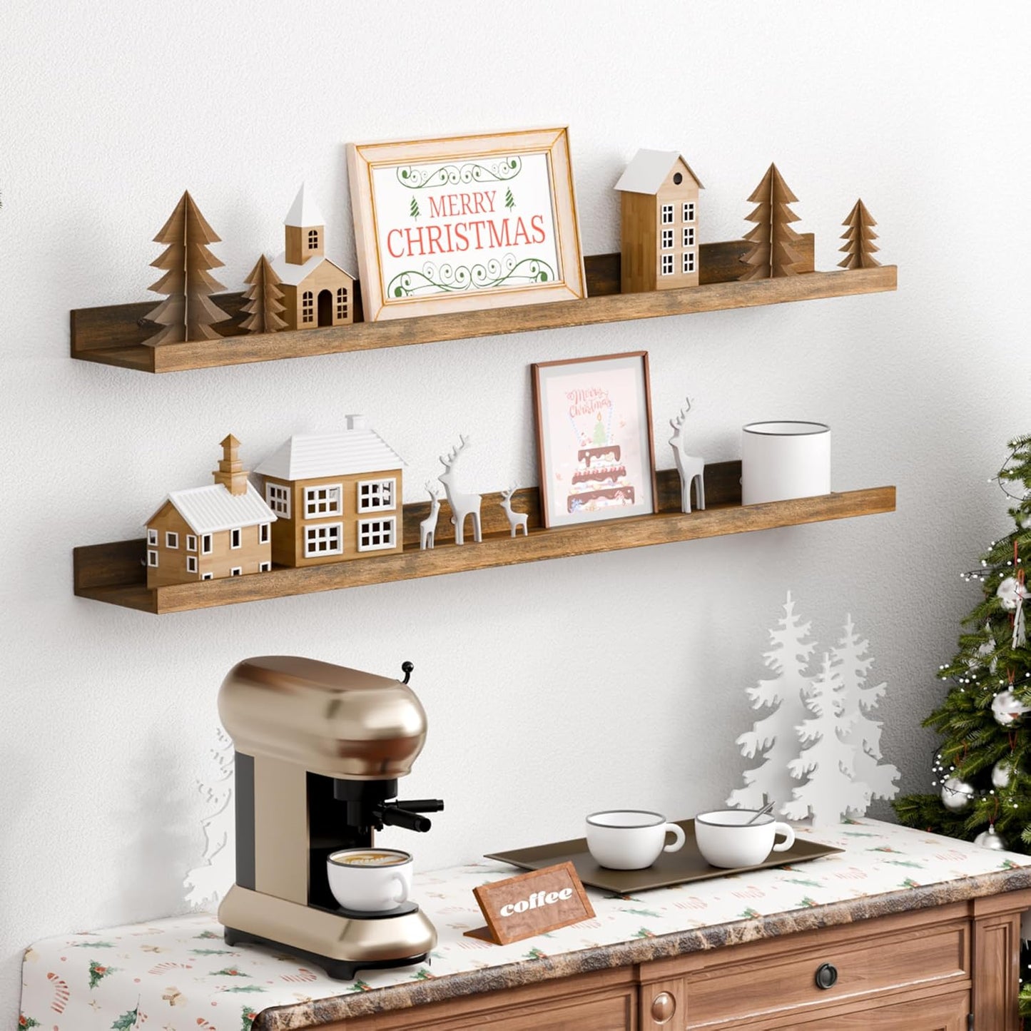 upsimples 6 Pack Wooden Floating Shelves, Wall Storage Decor Shelf for Bathroom, Bedroom, Living Room, Kitchen, Office and Laundry Room, Wall Mounted Display Hanging Shelf, Brown