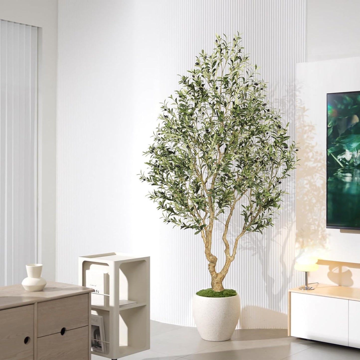 FEELEAD Olive Trees Artificial Indoor 7ft – Faux Olive Tree 7 Feet with Natural Looking Trunk, Realistic Leaves and Lifelike Fruits, Fake Olive Tree for Home Office Living Room Decor