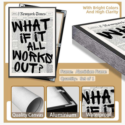 Retro Black And White Newspaper Poster What If It All Works Out Canvas Wall Art Positive Affirming Quote Minimalist Prints Painting For Home Bedroom Dorm Wall Decor 12x16in Unframed