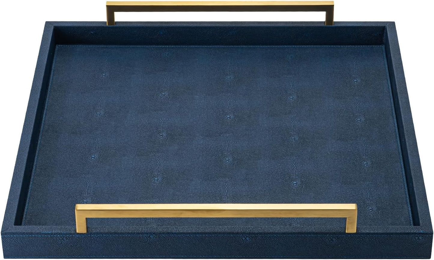 XIGEXIGE Ivory Shagreen Decorative Tray Large Rectangle Coffee Table Tray for Ottoman Faux Leather Serving Tray with Brushed Gold Handles