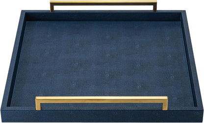 XIGEXIGE Ivory Shagreen Decorative Tray Large Rectangle Coffee Table Tray for Ottoman Faux Leather Serving Tray with Brushed Gold Handles