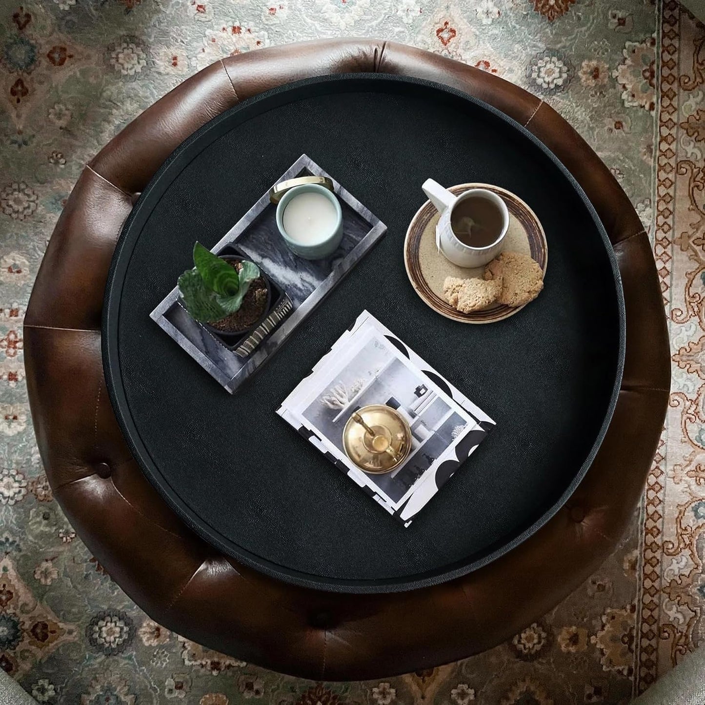 HofferRuffer Round Serving Tray 20'', Elegant Faux Leather Circle Ottoman Table Tray, Serve Tea Coffee Breakfast in Bedroom Living Room Kitchen (Brown)