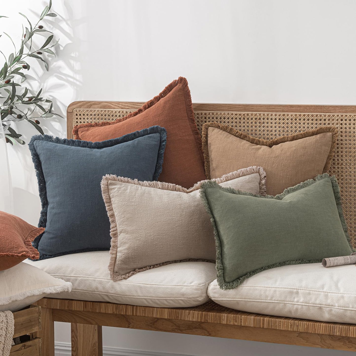 MIULEE Decorative Throw Pillow Covers Neutral Linen Fringe Throw Pillows Set of 2 Natural Beige Boho Farmhouse Cushion Covers with Tassels for Couch Sofa Bed Spring Home Decor 20x20 Inch