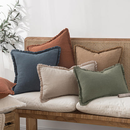 MIULEE Decorative Throw Pillow Covers Neutral Linen Fringe Throw Pillows Set of 2 Natural Beige Boho Farmhouse Cushion Covers with Tassels for Couch Sofa Bed Spring Home Decor 20x20 Inch