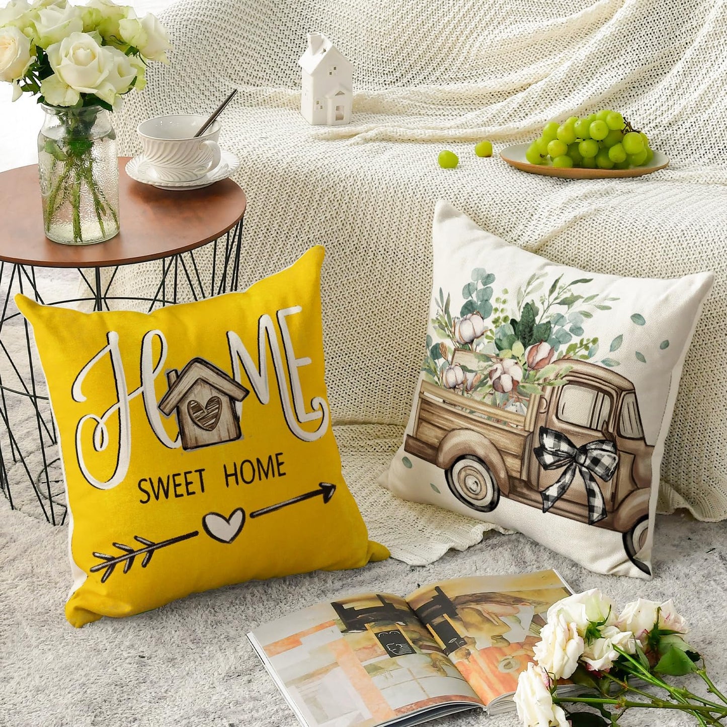 AVOIN colorlife Bless Our Home Farmhouse Eucalyptus Leaves Throw Pillow Covers, 18 x 18 Inch Truck Home Sweet Home Cushion Case Decorations Set of 4