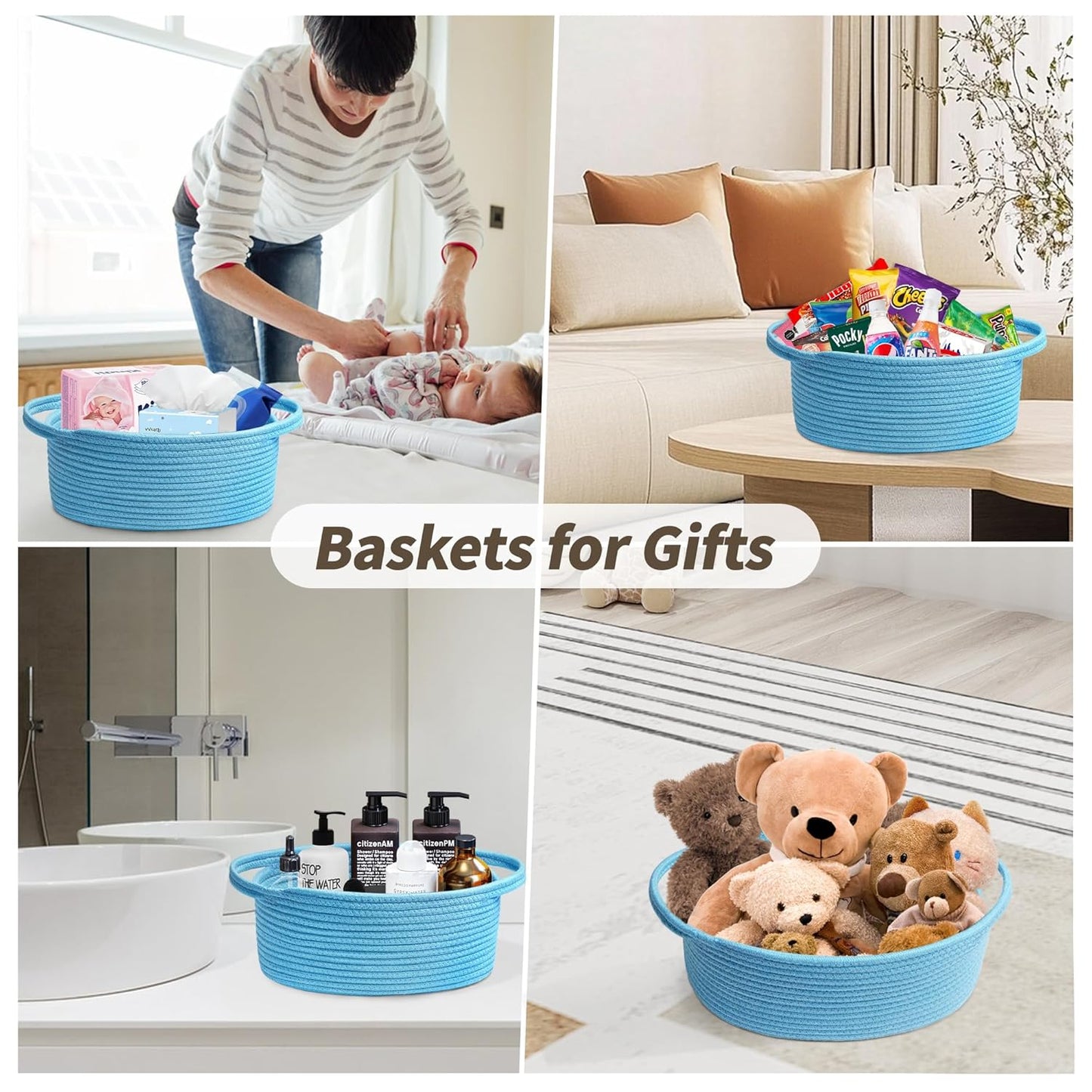 Pro Goleem Small Woven Basket with Gift Bags and Ribbons Durable Baskets for Mothers Day Gifts Empty Small Rope Basket for Storage 12"X 8" X 5" Baby Toy Baskets with Handles, White
