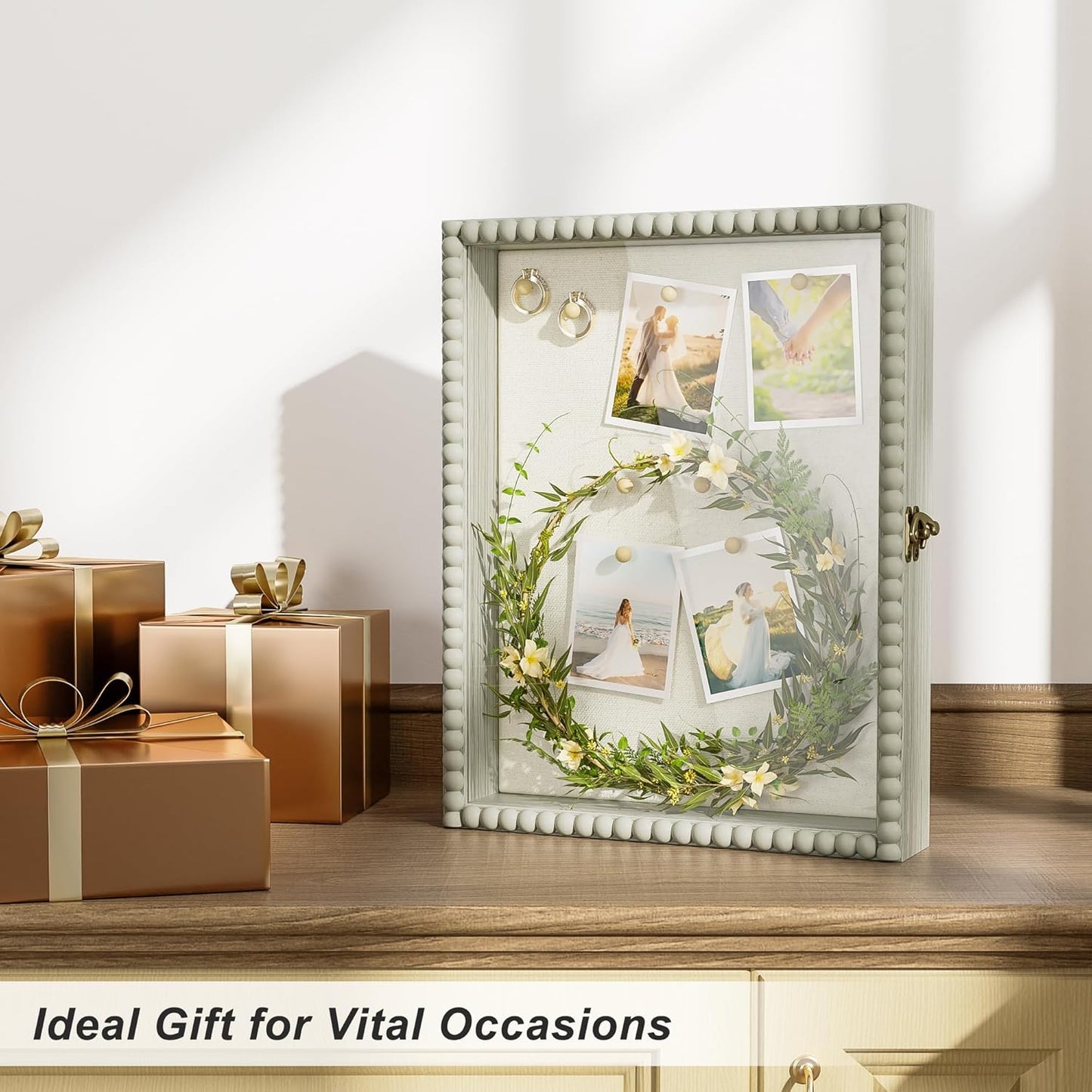 Love-KANKEI Shadow Box Frame 11x14, Deep Large Shadow Box Display Case with Unique Beads Door and Glass Window, Wood Memory Box for Pictures,Medals,Memorabilia,Collections White