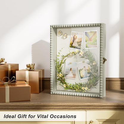 Love-KANKEI Shadow Box Frame 11x14, Deep Large Shadow Box Display Case with Unique Beads Door and Glass Window, Wood Memory Box for Pictures,Medals,Memorabilia,Collections White