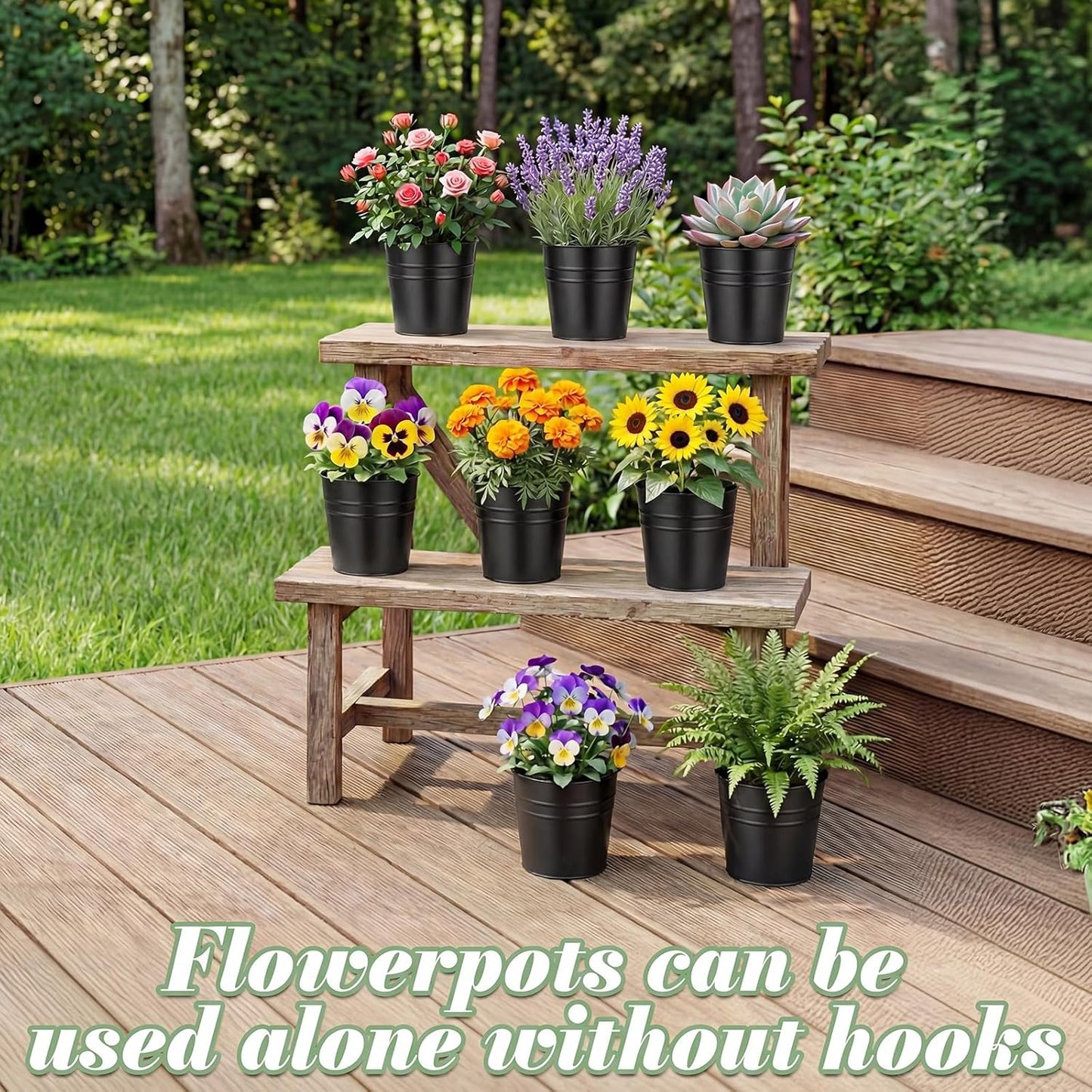 HowRU Metal Iron Flower Pots for Railing Fence Hanging Bucket Pots(5 Pcs) and Hanging Flower Pots Metal Iron Bucket Planter(10 Pcs) (Black)