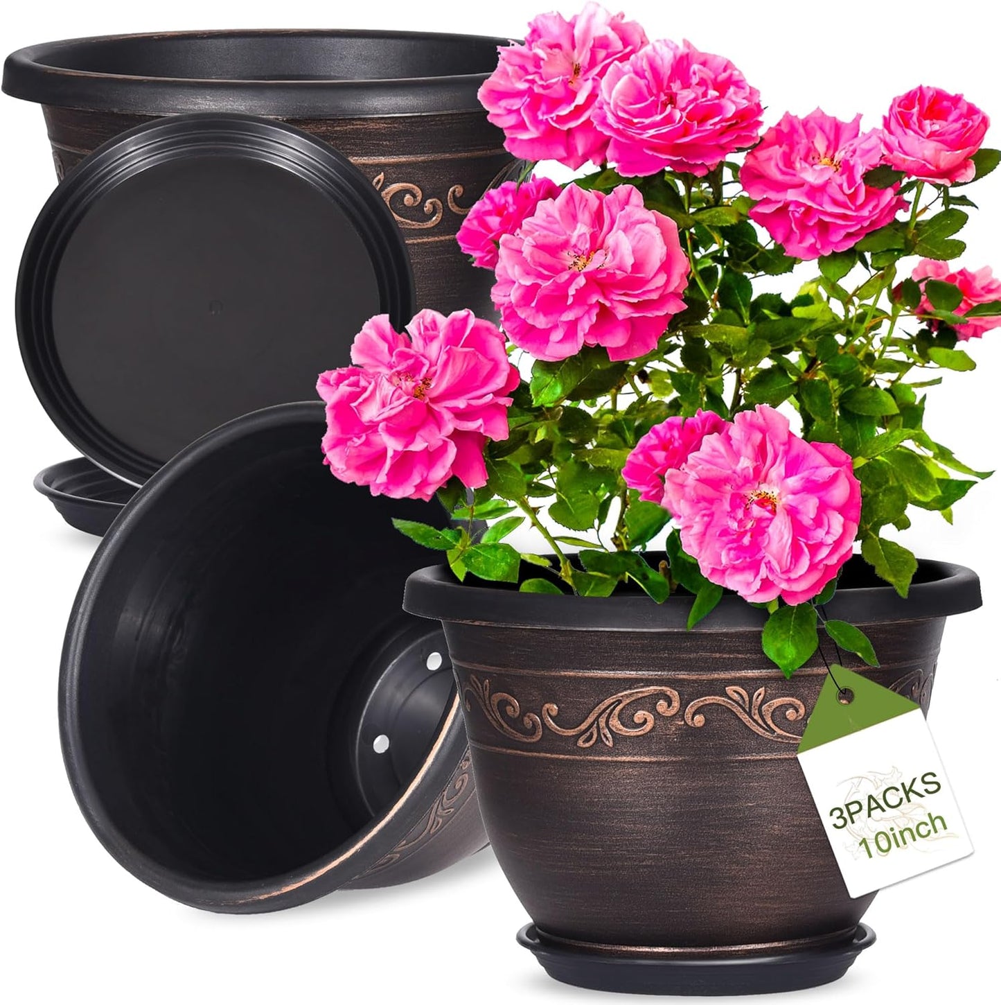 Plastic-Plant-Flower-Planters-8 Inch With Drainage Hole & Saucer, 6 Packs Lightweight Small Resin Flower Pot Indoor Outdoor, Retro Antique Imitation Decorative Garden Containers Sets For Houseplants