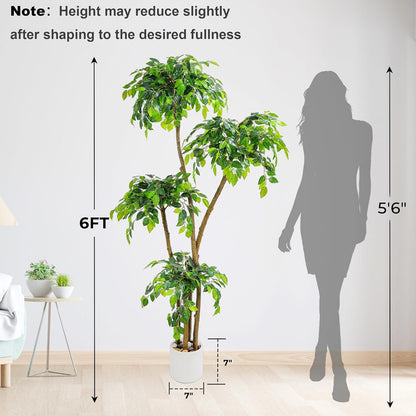 5FT Artificial Ficus Tree with White Planter and Pebbles,Faux Silk Tree with Lifelike Leaves and Realistic Trunk,Tall Fake Potted Plant for Home and Office Décor Indoor and Outdoor (5FT)