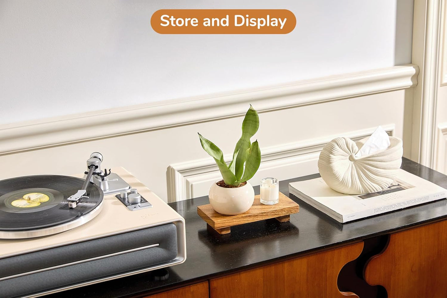 Large 16" Acacia Wood Riser Pedestal Stand – Farmhouse Wood Display Riser for Kitchen and Bathroom Décor - Counter Display, Plant Stand, Jewelry Holder, Vanity Tray, Candle Stand (L:16"x8"x1.57")