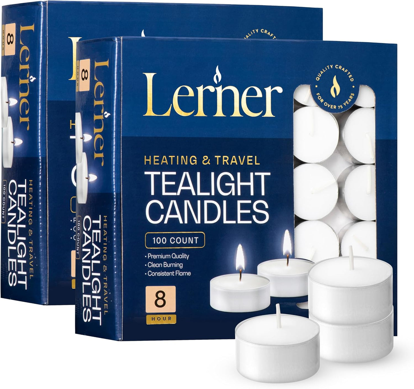 Lerner Tealight Candles, 50 Count| 4.5 Hours Long-Burning White Tea Light Candles| Non-Toxic, Smokeless & Soot-Free Tea Light Warmer Candles | Unscented Party, Décor, Shabbat Tea Candles