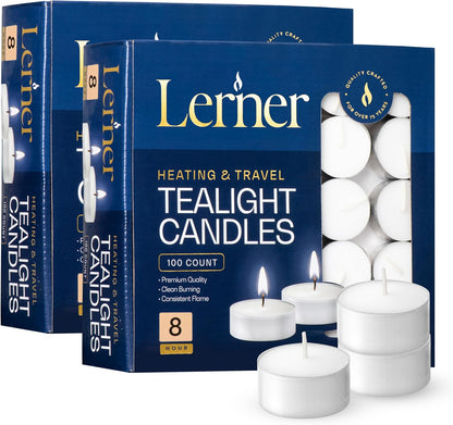 Lerner Tealight Candles, 50 Count| 4.5 Hours Long-Burning White Tea Light Candles| Non-Toxic, Smokeless & Soot-Free Tea Light Warmer Candles | Unscented Party, Décor, Shabbat Tea Candles