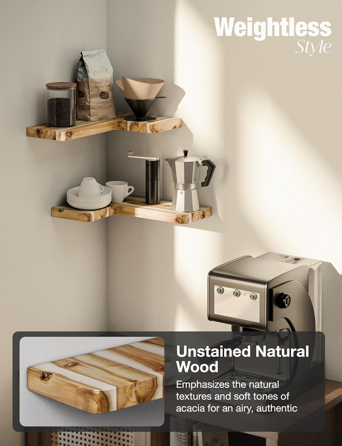 BATODA Acacia Wood Corner Floating Shelves 17" x 12"– Corner Shelf Wall Mounted - Floating Book Shelves for Wall - Brackets and Shelving Hardware Included for Kitchen, Living Room, Bathroom (Set 2)