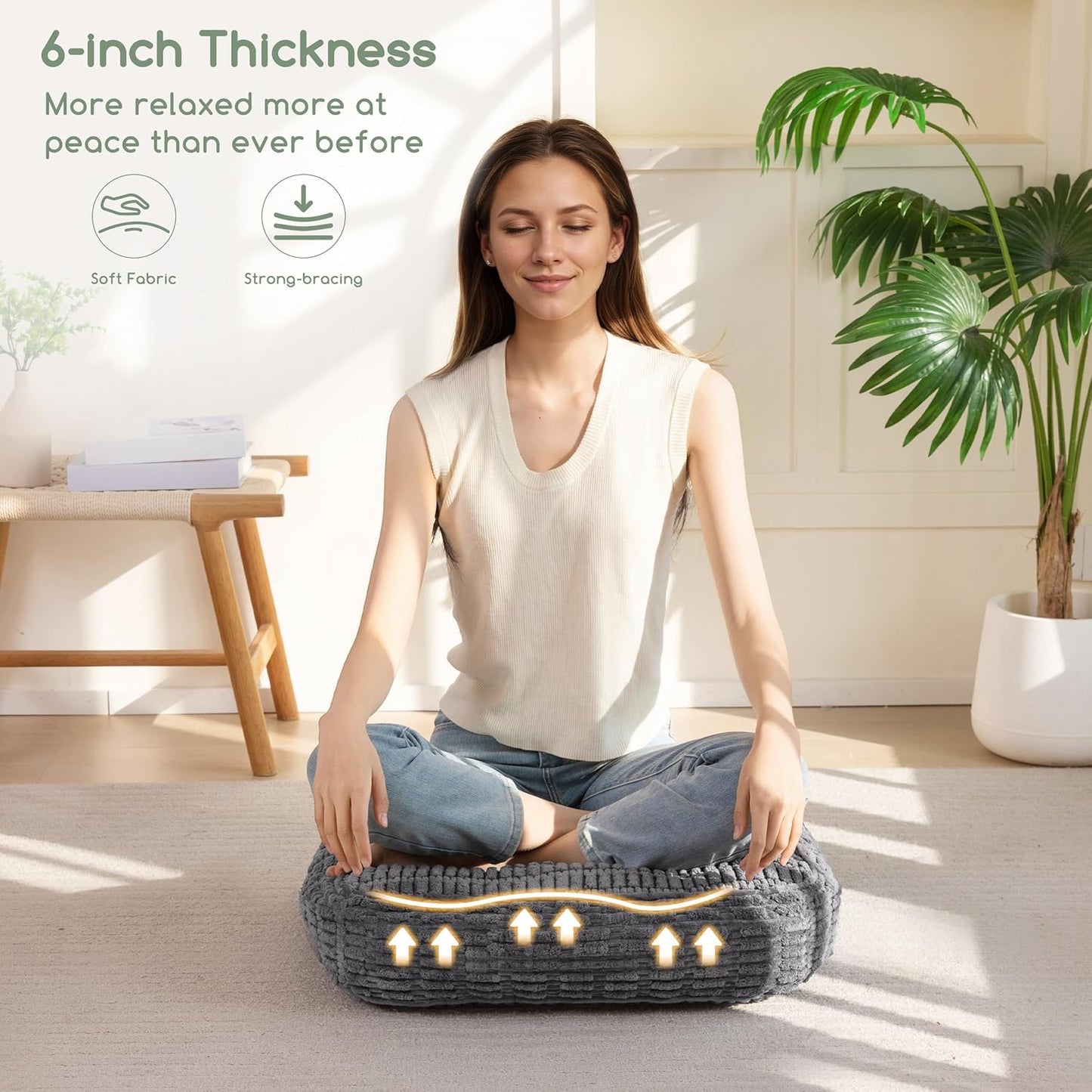 HIGOGOGO Floor Pillow Cushion for Adults, Meditation Cushion Pillow, Blended Corduroy Cover, Large Square Floor Sitting for Tatami Living Room or Yoga, 22x22 Inch, Beige