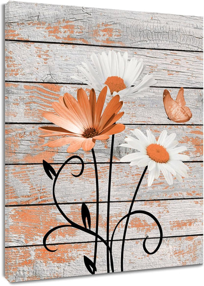 HVEST Farmhouse Floral Wall Art for Living Room, Blue and White Daisy Flower and Butterfly on Rustic Wood Board Canvas Wall Art Framed Artwork Ready to Hang for Bathroom Bedroom Decor, 16L X 12W