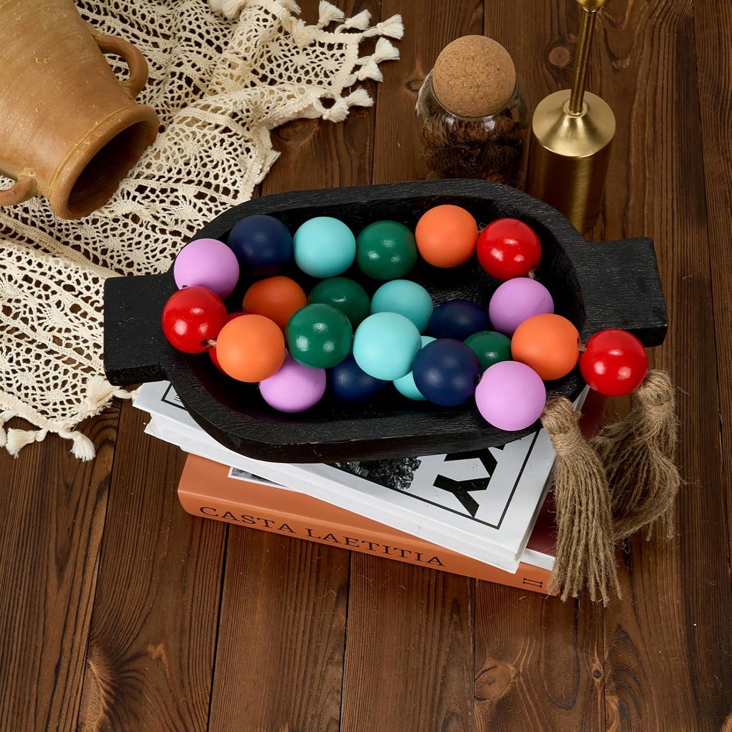 OMISHE Extra Large Wood Bead Garland with 1.6" Diameter Wooden Beads and Tassels, 41" Long Rustic Farmhouse Country Decorative Beads for Home Tiered Tray Decor, Natural Beige