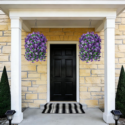 INXUGAO Artificial Flowers with Hanging Basket, Outdoor Faux Plants Silk Morning Glory Vines, Fake Green Arrangement for Garden Patio Spring Summer Decor(4pcs,Darkorchid)
