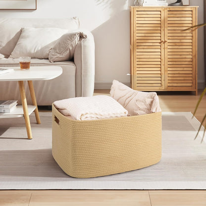 OIAHOMY 75L Large Woven Cotton Rope Storage Basket with Handle for Organizing Blanket and Toys for Living Room, Nursery, Brown Variegated 22”x17”x12”
