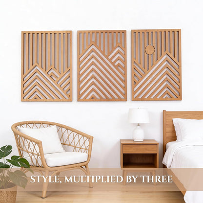 qmmp Modern Wooden Wall Sculptures - Set of 3 - Home Decor Accent - Large Wall Art for Living Room, Bedroom, Office - Easy Installation (Oak, Medium - Mountain and Sun)