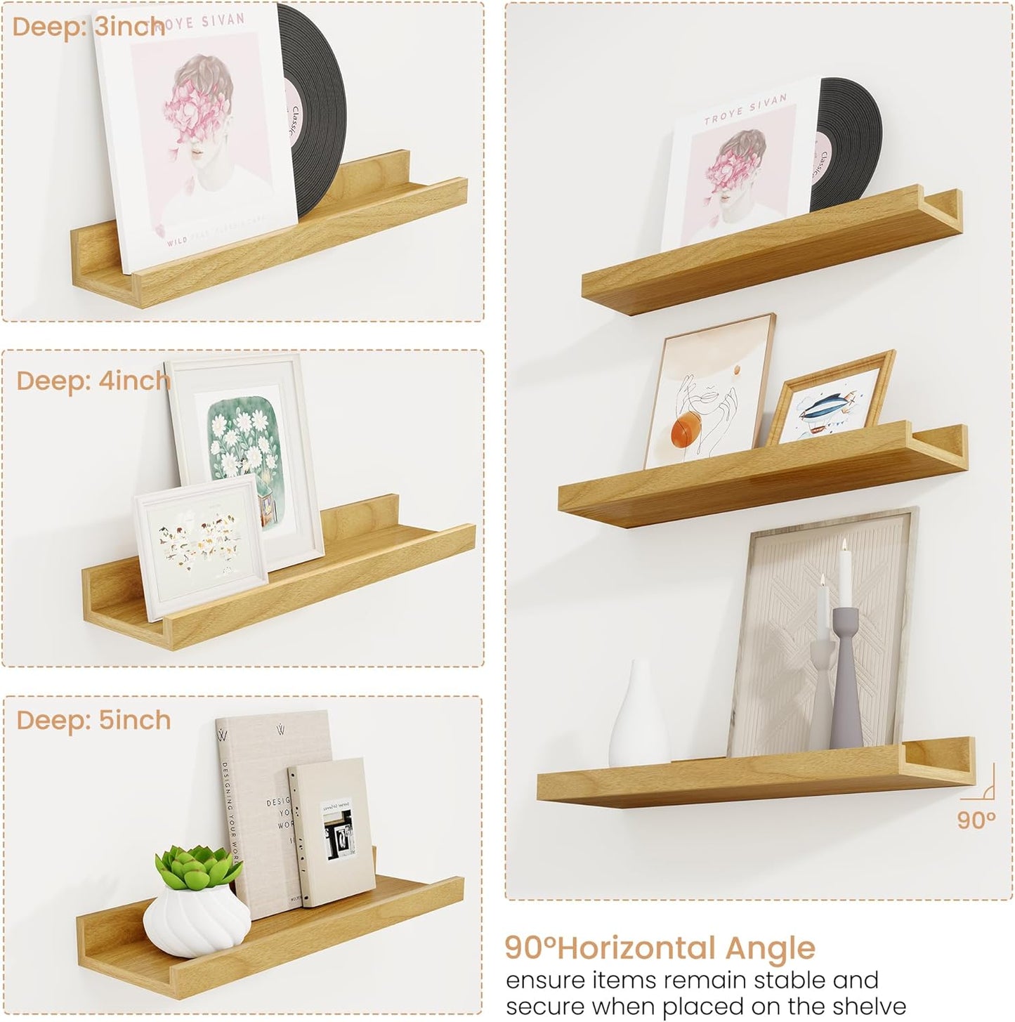 Acovy Picture Ledge Shelf Set of 6, 48 inch Long Large Floating Shelves for Wall with Lip, Wall Mounted Shelves for Living Room, Bedroom, Bathroom, Kitchen, Nursery,Oak