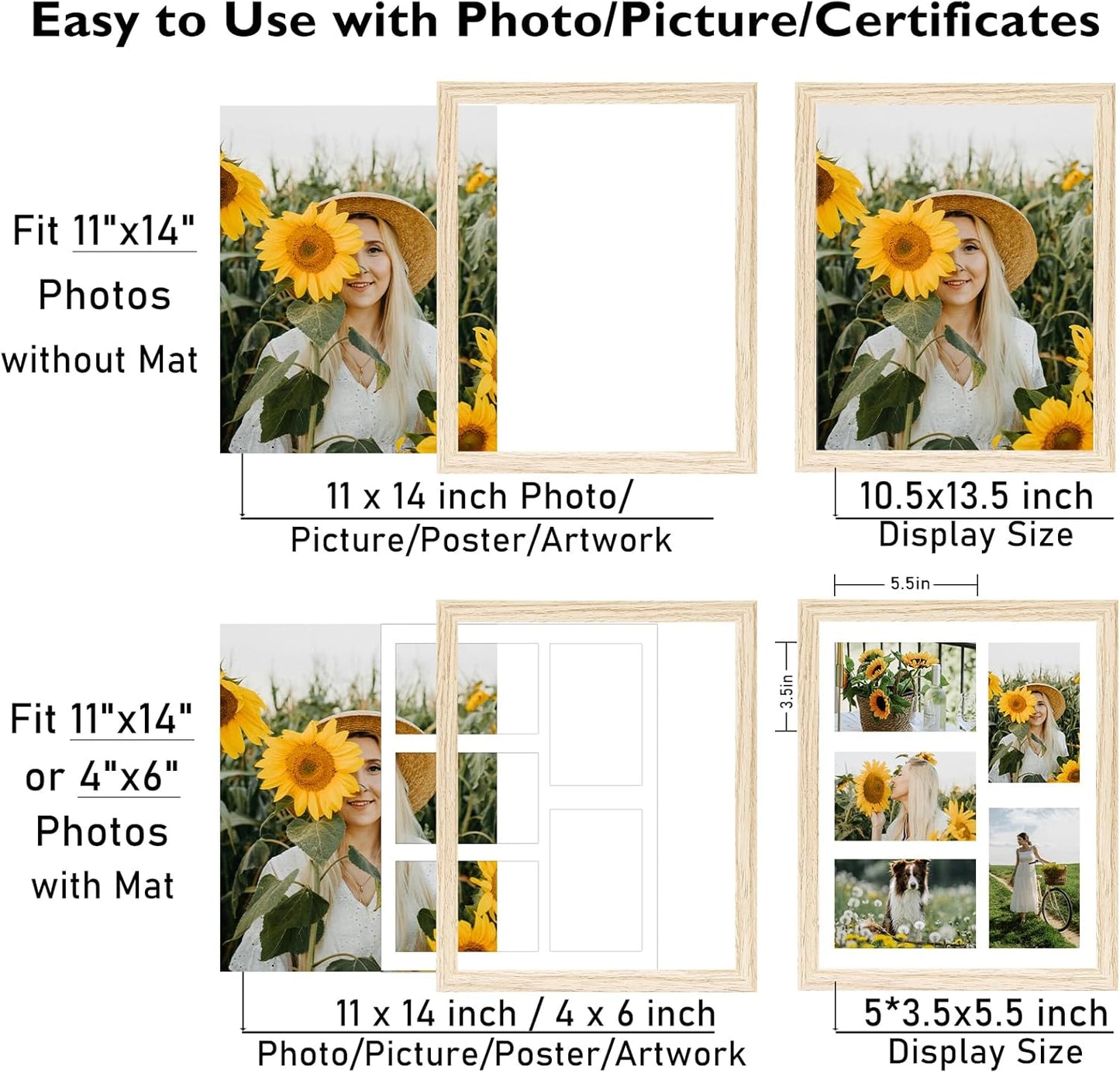 JCJMY 11x14 Picture Frame, 4x6 Collage Picture Frame, Display 5 Pcs 4x6 Photos or 11x14 Picture, Five Opening 4x6 Collage Frame for Wall Hanging, Lightweight 4 x 6 Multi Pictures Frame, Black