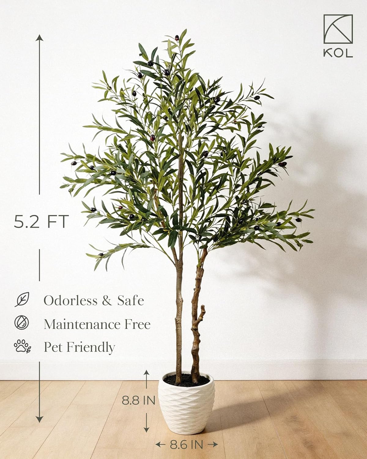 KOL 5.2ft Artificial Olive Tree Indoor, Tall Faux Olive Trees, Fake Olive Tree Floor Plant for Home Office Living Room Decor with Matte Black Pot