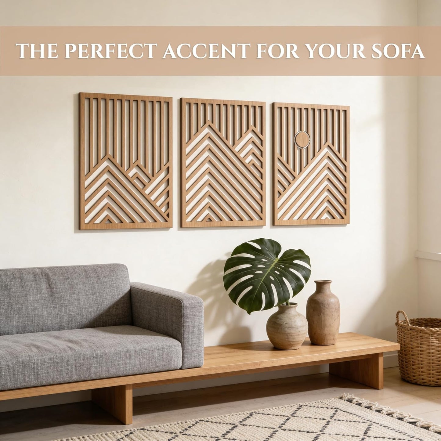 qmmp Modern Wooden Wall Sculptures - Set of 3 - Home Decor Accent - Large Wall Art for Living Room, Bedroom, Office - Easy Installation (Oak, Medium - Mountain and Sun)