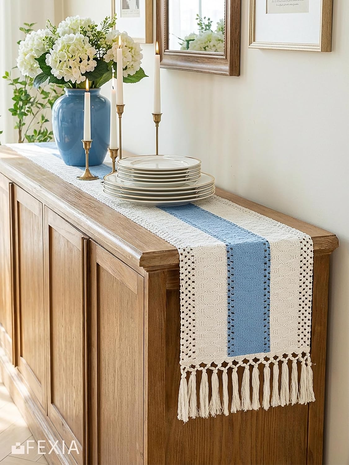 FEXIA Boho Table Runner for Thanksgiving Fall Christmas Home Decor with Tassels 72 Inches Long Pottery barn Furniture Farmhouse Rustic Macrame Burlap Table Decoration for Living Room (12x72 Inches)