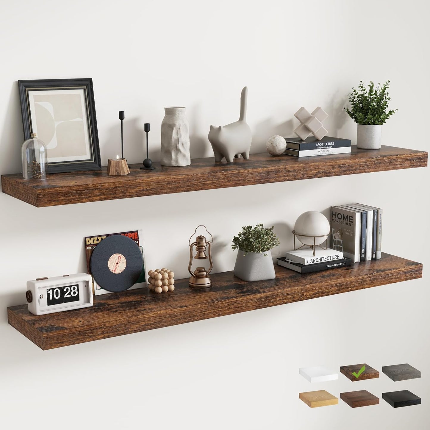72 Inch Long Floating Shelves for Wall Set of 2, 12"D Wood Grain Bathroom Shelves with Invisible Brackets, Easy Install Engineered Wood Storage Shelves for Kitchen, Living Room, Bedroom, Black Finish
