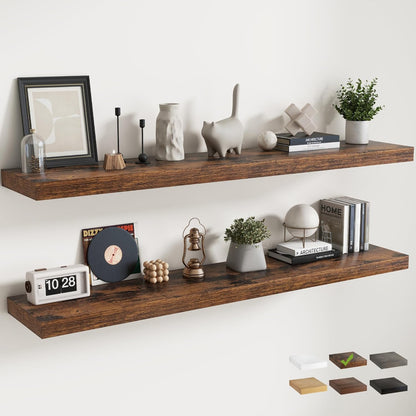 72 Inch Long Floating Shelves for Wall Set of 2, 12"D Wood Grain Bathroom Shelves with Invisible Brackets, Easy Install Engineered Wood Storage Shelves for Kitchen, Living Room, Bedroom, Black Finish