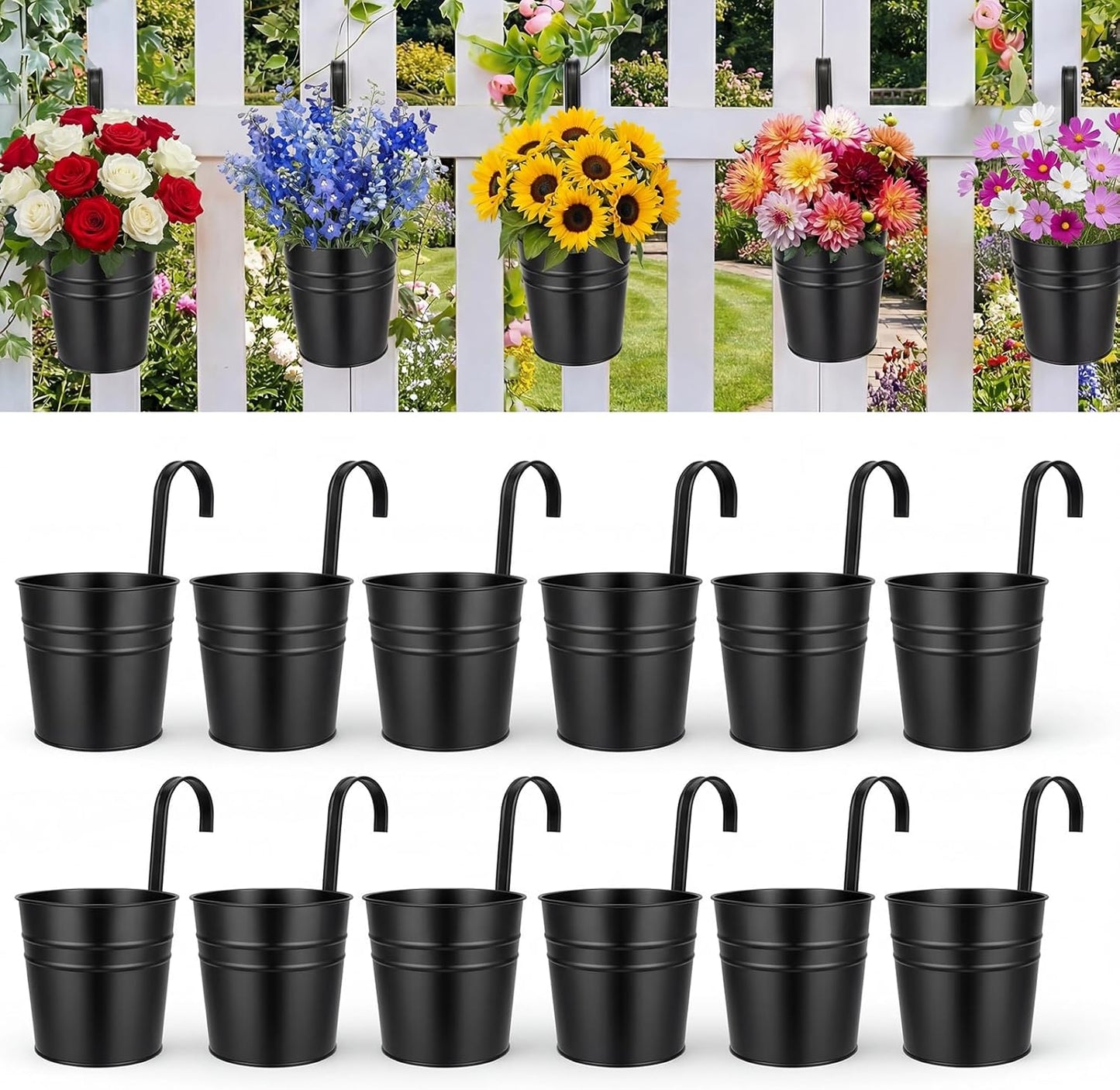 HowRU Metal Iron Flower Pots for Railing Fence Hanging Bucket Pots(5 Pcs) and Hanging Flower Pots Metal Iron Bucket Planter(10 Pcs) (Black)